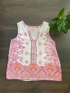 Lucky Brand Pink and Orange Border Print Lace Tank Boho Casual Size M